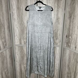 Eileen Fisher Midi Dress Size M Shirred Waist Button Down Silk Cotton Gray